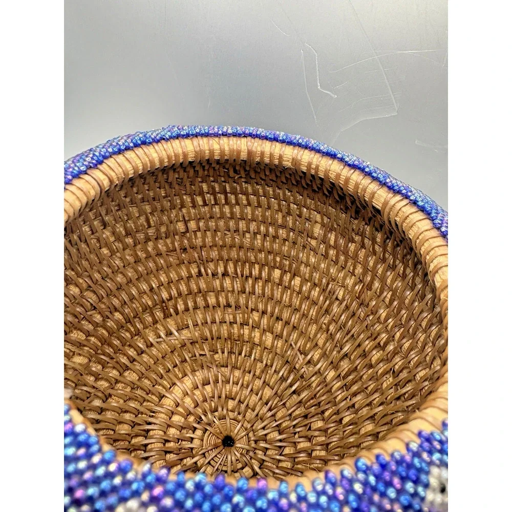 Indonesian Hand Beaded Woven Folk Art Blue Green Geometric Design Basket Lid 7